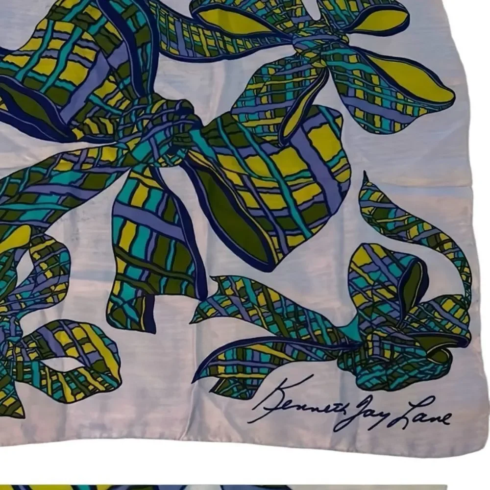 Kenneth Jay Lane silk Blue and Green Bow Scarf